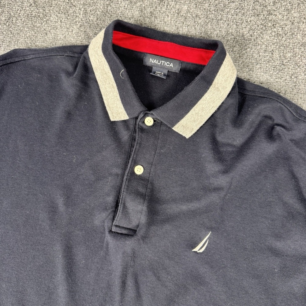 Nautica Polo Shirt Men's Large Navy Blue/White‎ Stripe with Logo